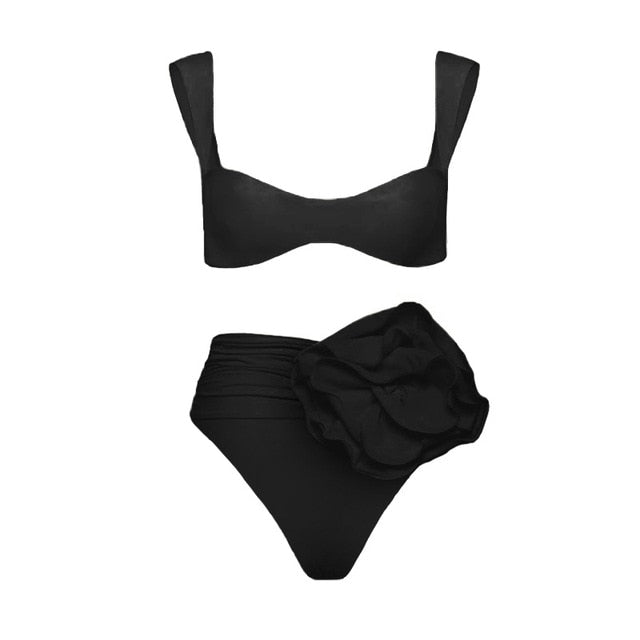 Square Neck 3D Flower Bottom Bikini Set