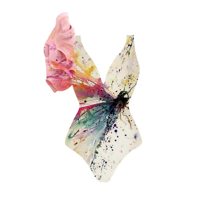 Three Pieces Pastel Print Ruffle V-Neck Monokini