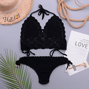 Crochet Halter Top G String Thong Bikini Set