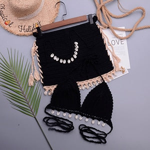 Crochet Holter Top Tassel Bohemian Skirted Bottom Seashell Set