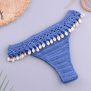 Sexy Crochet Knitted High Cut Triangle Seashell Thong Bikini