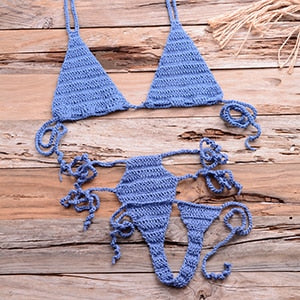 Crochet High-Cut Waist-Tie Deep V G-String Bikini Set