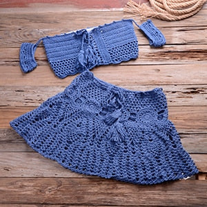 Crochet Off Shoulder Tassel Bohemian Skirted Bottom Set