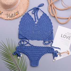 Crochet Halter Top G String Thong Bikini Set