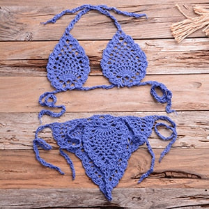 Crochet Minimal Halter Top Tie Side High Cut Triangle Thong Bikini Set