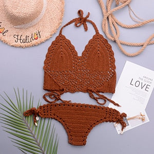 Crochet Halter Top G String Thong Bikini Set