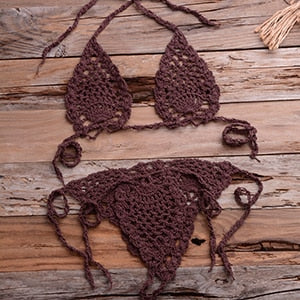 Crochet Minimal Halter Top Tie Side High Cut Triangle Thong Bikini Set