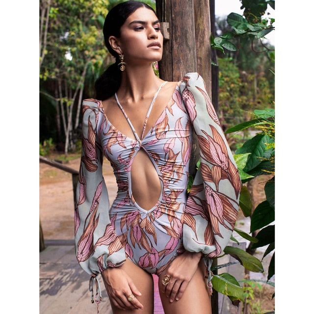 Plunge Pastel Print Long Sleeve Ring Linked Ruffle Monokini