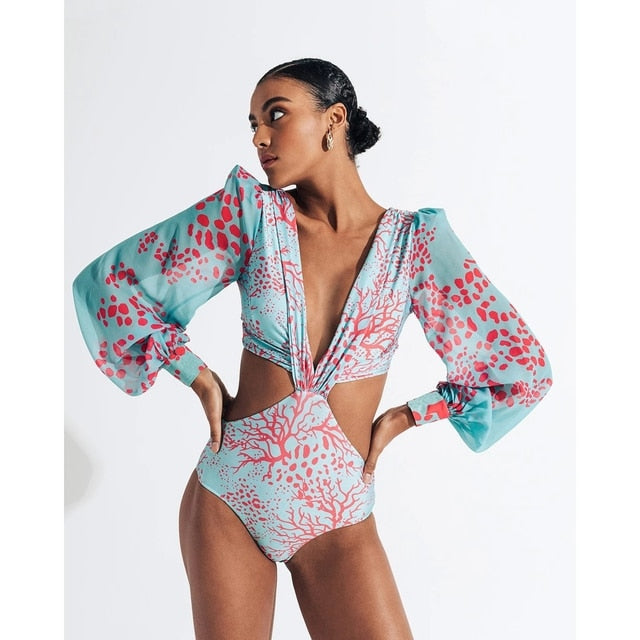 Plunge Pastel Print Long Sleeve Ring Linked Ruffle Monokini