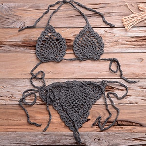 Crochet Minimal Halter Top Tie Side High Cut Triangle Thong Bikini Set