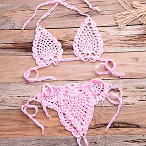 Crochet Minimal Halter Top Tie Side High Cut Triangle Thong Bikini Set