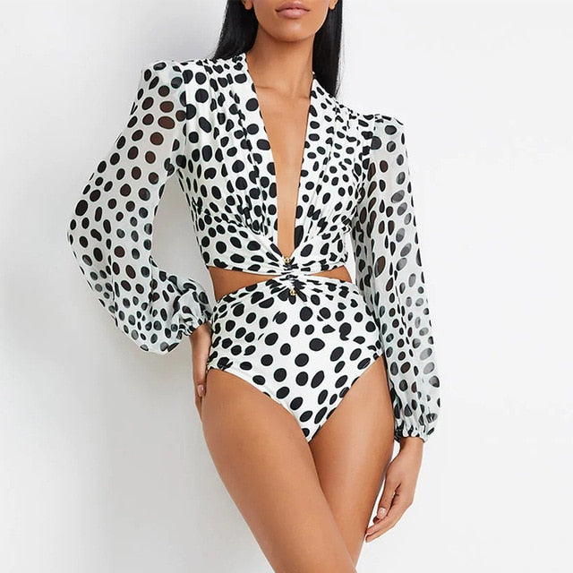 Plunge Pastel Print Long Sleeve Ring Linked Ruffle Monokini