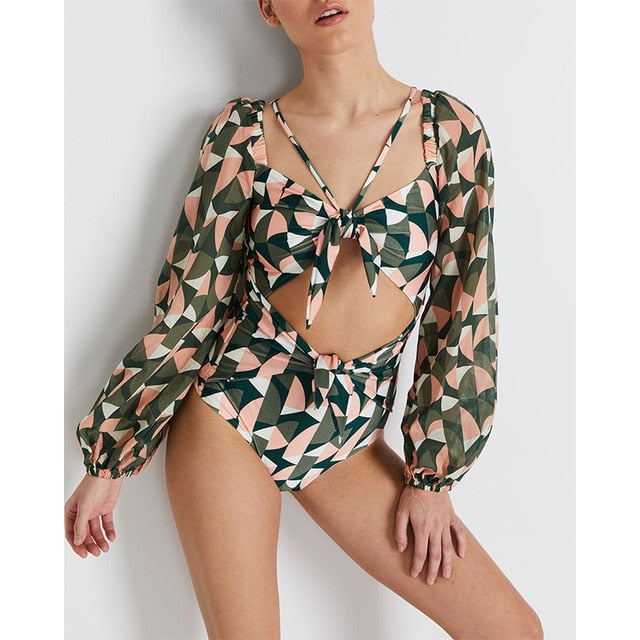 Plunge Pastel Print Long Sleeve Ring Linked Ruffle Monokini