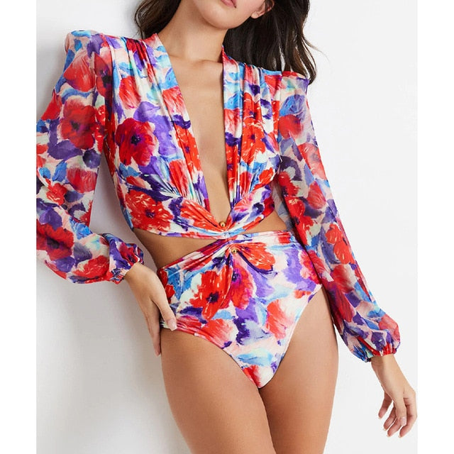 Plunge Pastel Print Long Sleeve Ring Linked Ruffle Monokini