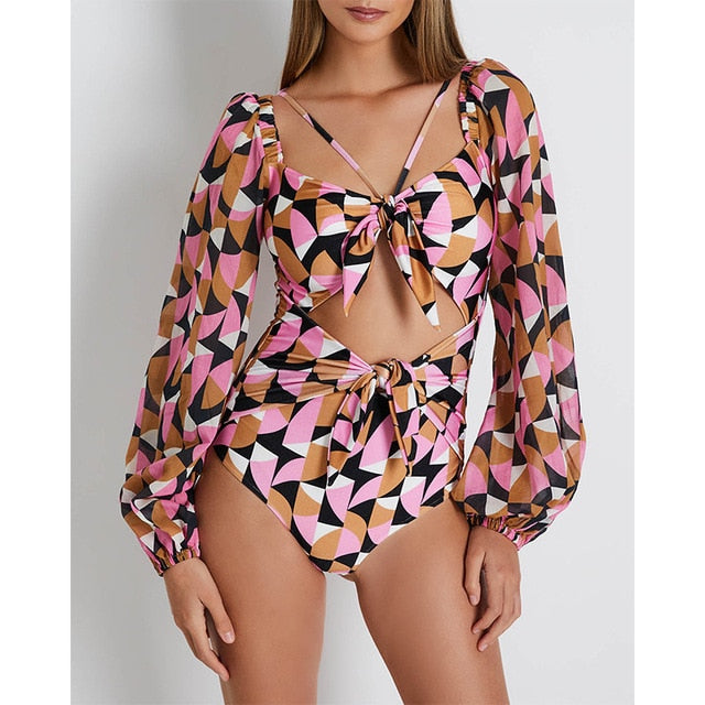 Plunge Pastel Print Long Sleeve Ring Linked Ruffle Monokini