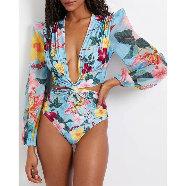 Plunge Pastel Print Long Sleeve Ring Linked Ruffle Monokini