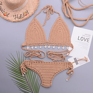 3 Pieces Crochet Shell Tassel Top And Seashell Ankle Chain Thong Hollow Out Low Waist Bottom Bikini Set