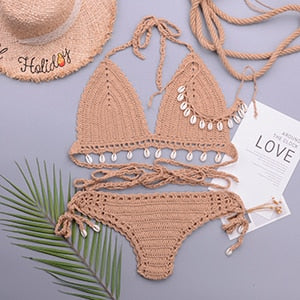 3 Pieces Crochet Shell Tassel Top And Seashell Ankle Chain Thong Hollow Out Low Waist Bottom Bikini Set