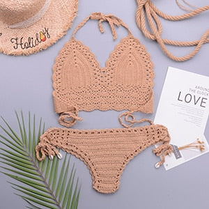 Crochet Halter Top G String Thong Bikini Set