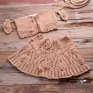 Crochet Off Shoulder Tassel Bohemian Skirted Bottom Set