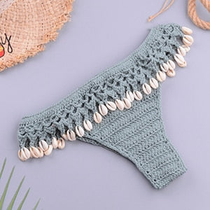 Sexy Crochet Knitted High Cut Triangle Seashell Thong Bikini