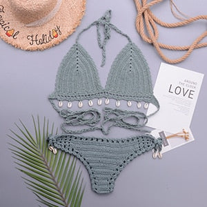 3 Pieces Crochet Shell Tassel Top And Seashell Ankle Chain Thong Hollow Out Low Waist Bottom Bikini Set