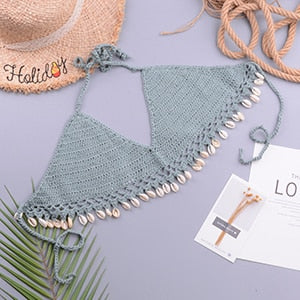 Two Pieces Crochet Push Up Holter Seashell Top Swimwear Cover Up