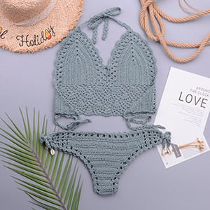 Crochet Halter Top G String Thong Bikini Set