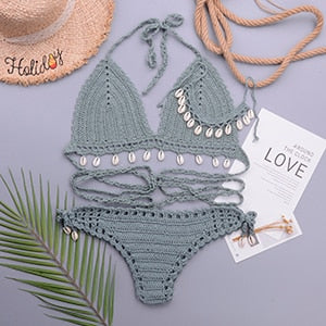 3 Pieces Crochet Shell Tassel Top And Seashell Ankle Chain Thong Hollow Out Low Waist Bottom Bikini Set