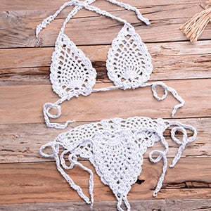 Crochet Minimal Halter Top Tie Side High Cut Triangle Thong Bikini Set