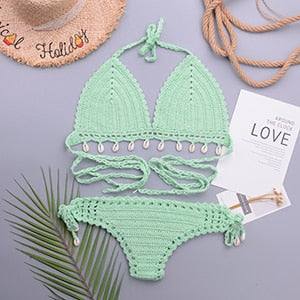 3 Pieces Crochet Shell Tassel Top And Seashell Ankle Chain Thong Hollow Out Low Waist Bottom Bikini Set