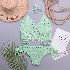 Crochet Halter Top G String Thong Bikini Set