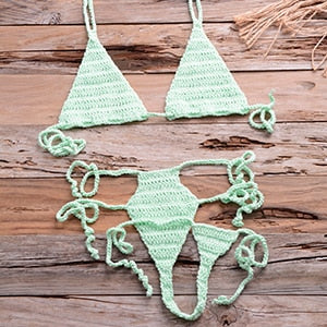 Crochet High-Cut Waist-Tie Deep V G-String Bikini Set