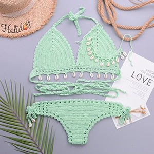 3 Pieces Crochet Shell Tassel Top And Seashell Ankle Chain Thong Hollow Out Low Waist Bottom Bikini Set