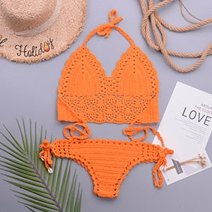 Crochet Halter Top G String Thong Bikini Set