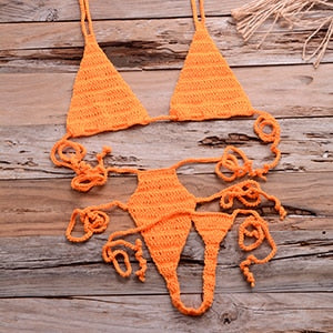 Crochet High-Cut Waist-Tie Deep V G-String Bikini Set