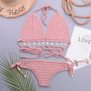 3 Pieces Crochet Shell Tassel Top And Seashell Ankle Chain Thong Hollow Out Low Waist Bottom Bikini Set