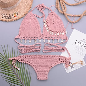 3 Pieces Crochet Shell Tassel Top And Seashell Ankle Chain Thong Hollow Out Low Waist Bottom Bikini Set