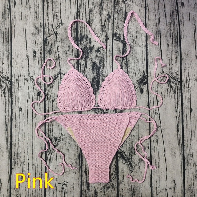 Triangle Halter Top Pattern Knitting Crochet Vintage Tie Side Brazilian Thong Bikini Set