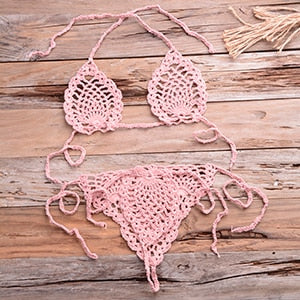 Crochet Minimal Halter Top Tie Side High Cut Triangle Thong Bikini Set