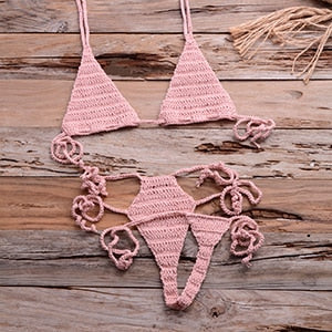 Crochet High-Cut Waist-Tie Deep V G-String Bikini Set