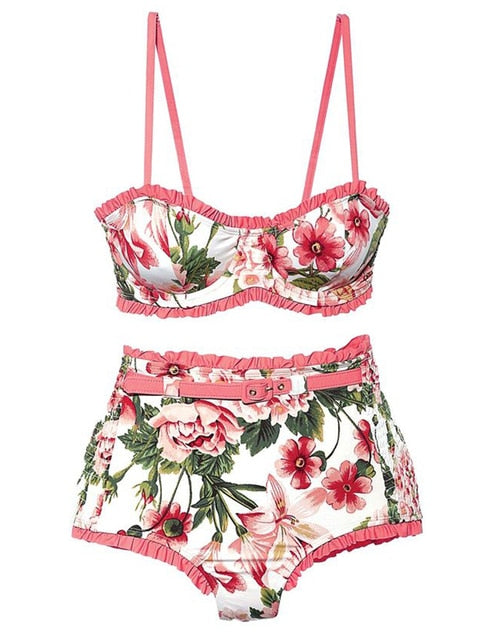 Three Pieces Pink Floral Print Bikini with Belt and Cover Up