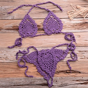 Crochet Minimal Halter Top Tie Side High Cut Triangle Thong Bikini Set