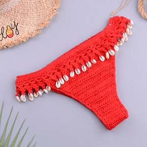 Sexy Crochet Knitted High Cut Triangle Seashell Thong Bikini