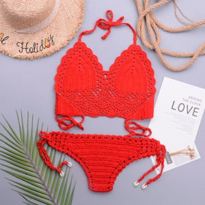 Crochet Halter Top G String Thong Bikini Set