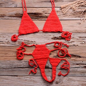 Crochet High-Cut Waist-Tie Deep V G-String Bikini Set