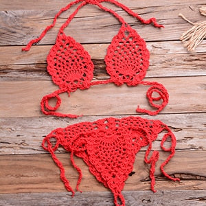 Crochet Minimal Halter Top Tie Side High Cut Triangle Thong Bikini Set