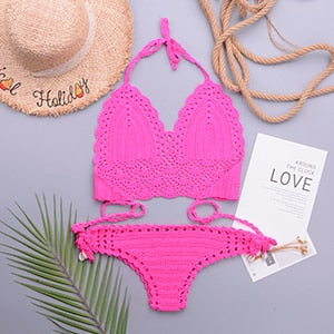 Crochet Halter Top G String Thong Bikini Set