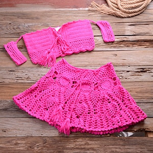 Crochet Off Shoulder Tassel Bohemian Skirted Bottom Set