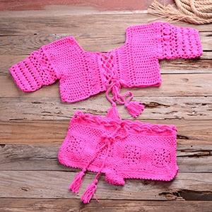 Fits All Knitted Crochet Two Pieces Tassel Off The Shoulder Top Short Bottom Swimsuit Set